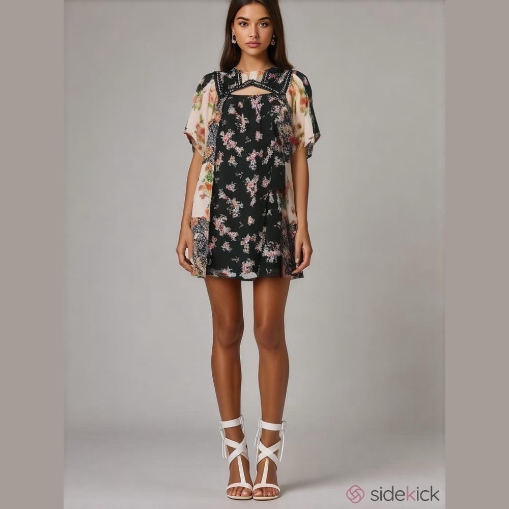 ASOS Black Patchwork Floral Smock Dress with Cutout Fully Lined Womens Sz US 6